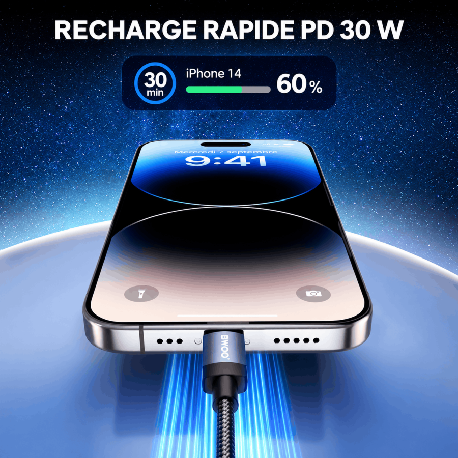 Câble USB-C vers LIGHTNING - BWOO BO-X401CL - 30W 1M Noir
