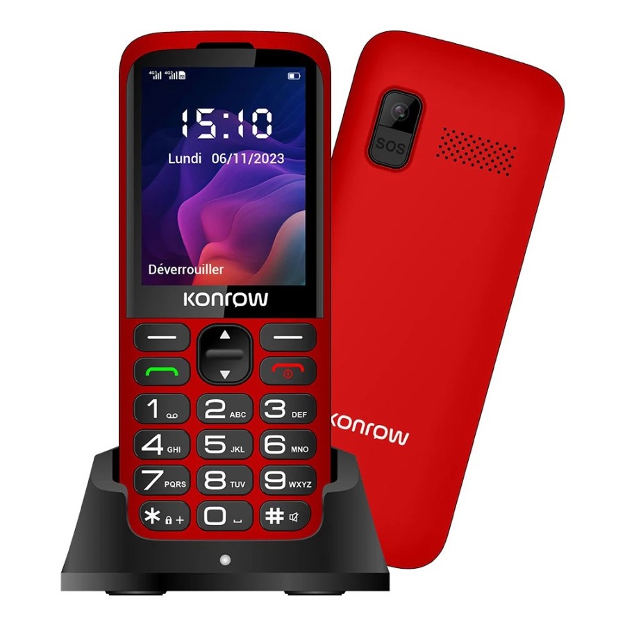 TÉLÉPHONE MOBILE SENIOR - KONROW SENIOR 280 NEXT 4G - DOUBLE SIM + ÉCRAN 2,8" + STATION DE CHARGE - ROUGE