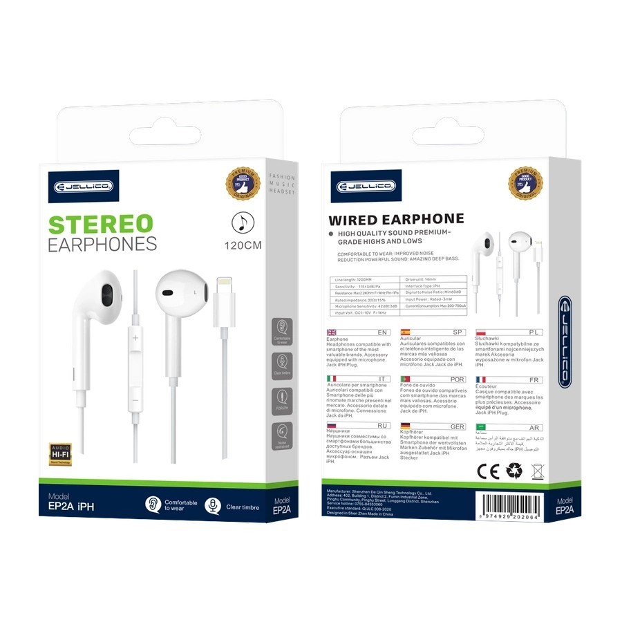 ÉCOUTEURS FILAIRES + TÉLÉCOMMANDE + MICRO - JELLICO EP2A - LIGHTNING - 1.2M BLANC