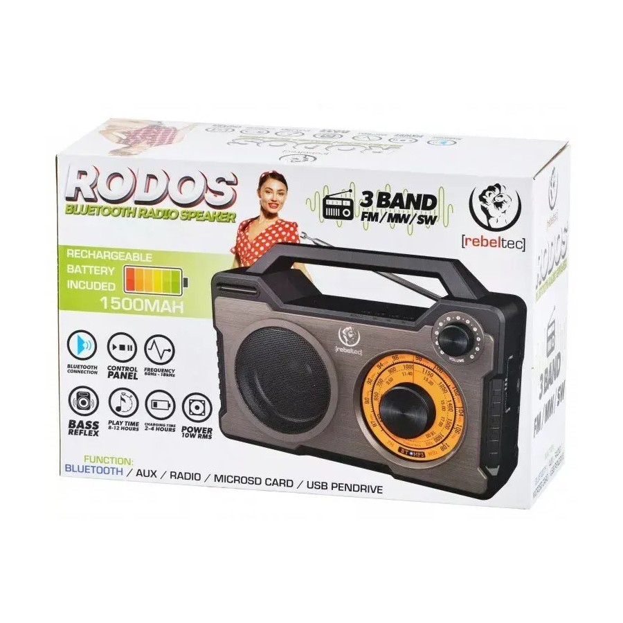 REBELTEC RODOS - ENCEINTE PORTABLE BLUETOOTH AVEC RADIO FM ET LECTEUR MULTIMÉDIA