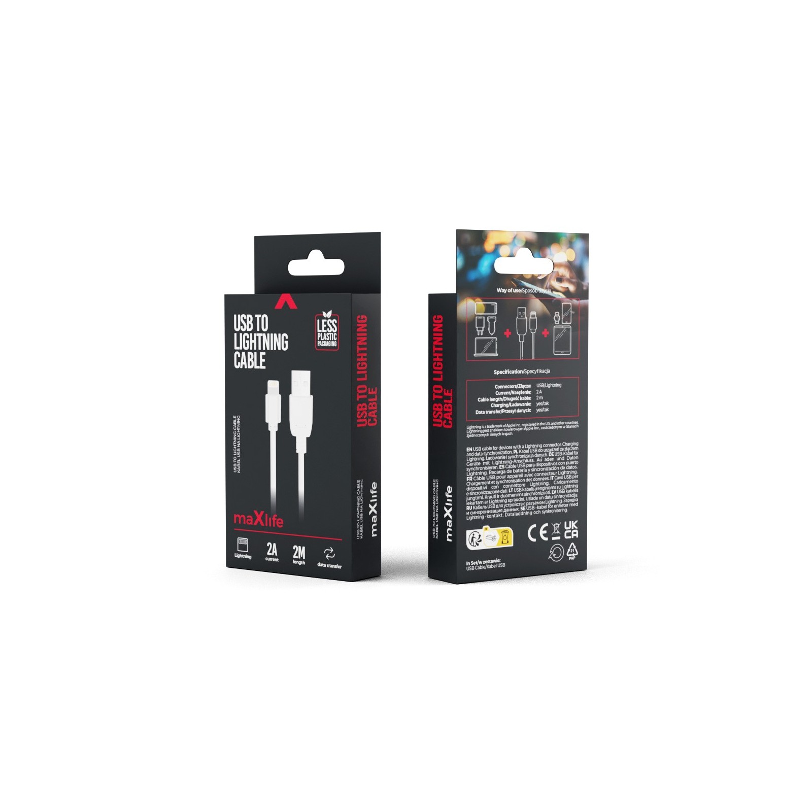 CÂBLE USB-A VERS LIGHTNING - MAXLIFE - 2A 2M BLANC