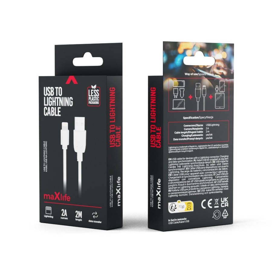 CÂBLE USB-A VERS LIGHTNING - MAXLIFE - 2A 2M BLANC