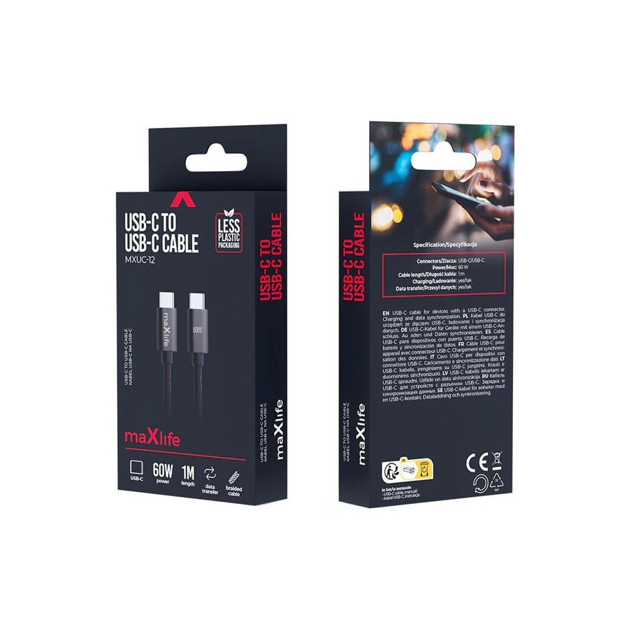 CÂBLE USB-C VERS C - MAXLIFE MXUC-12 - PD 60W 1M NOIR