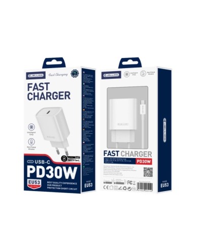 JELLICO EU53 - CHARGEUR SECTEUR POWER DELIVERY 30W + CÂBLE DOUBLE USB-C BLANC