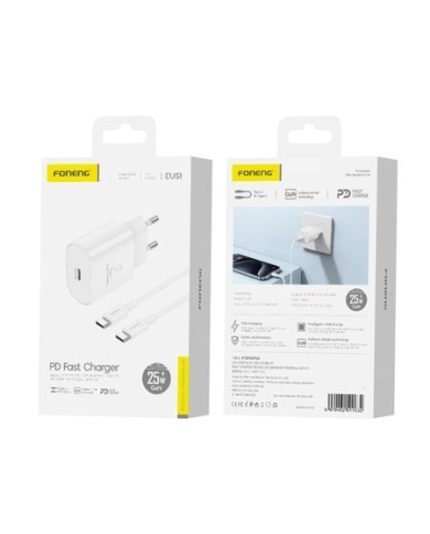 FONENG EU51 GaN - CHARGEUR SECTEUR HAUTE PERFORMANCE POWER DELIVERY 25W + CÂBLE DOUBLE USB-C BLANC