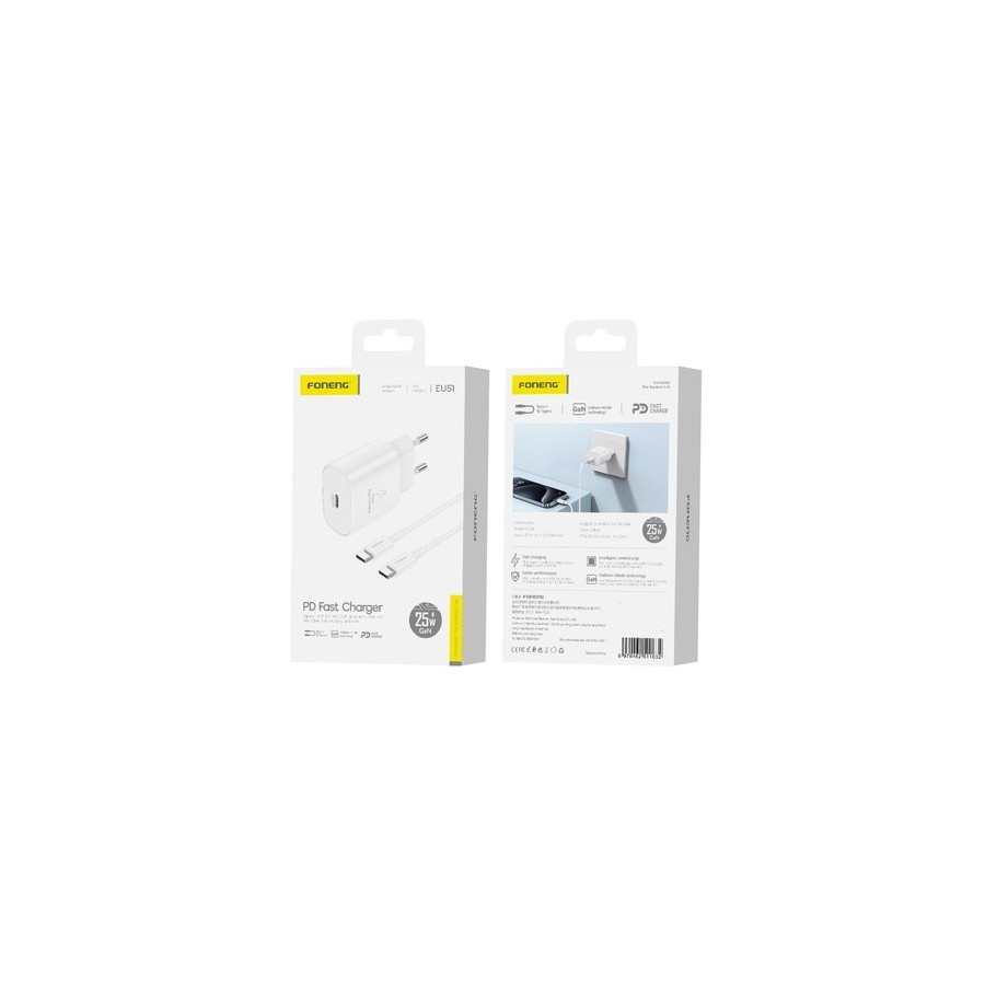 FONENG EU51 GaN - CHARGEUR SECTEUR HAUTE PERFORMANCE POWER DELIVERY 25W + CÂBLE DOUBLE USB-C BLANC