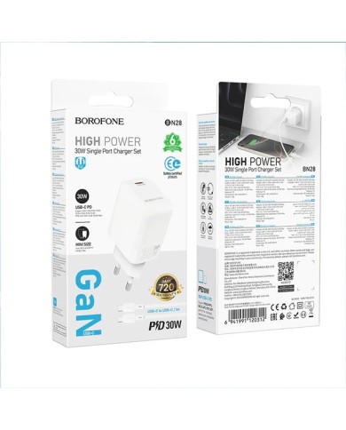 BOROFONE BN28 FUENTE - CHARGEUR SECTEUR POWER DELIVERY 30W + CÂBLE DOUBLE USB-C BLANC