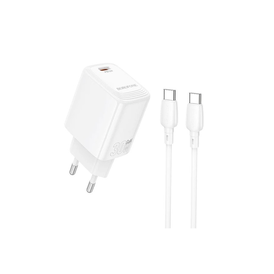 BOROFONE BN28 FUENTE - CHARGEUR SECTEUR POWER DELIVERY 30W + CÂBLE DOUBLE USB-C BLANC