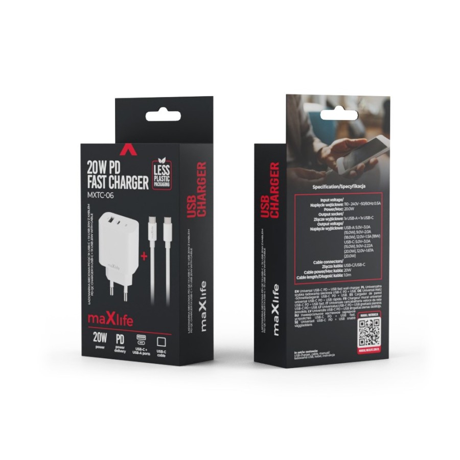MAXLIFE MXTC-06-20AC - CHARGEUR SECTEUR POWER DELIVERY 20W & QUICK CHARGE - DOUBLE PORT USB-C & USB-A + CÂBLE DOUBLE USB-C BLANC