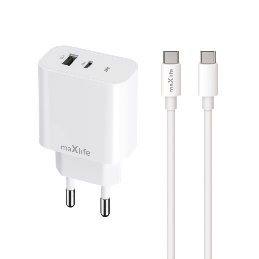 MAXLIFE MXTC-06-20AC - CHARGEUR SECTEUR POWER DELIVERY 20W & QUICK CHARGE - DOUBLE PORT USB-C & USB-A + CÂBLE DOUBLE USB-C BLANC