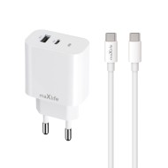 MAXLIFE MXTC-06-20AC - CHARGEUR SECTEUR POWER DELIVERY 20W & QUICK CHARGE - DOUBLE PORT USB-C & USB-A + CÂBLE DOUBLE USB-C BLANC