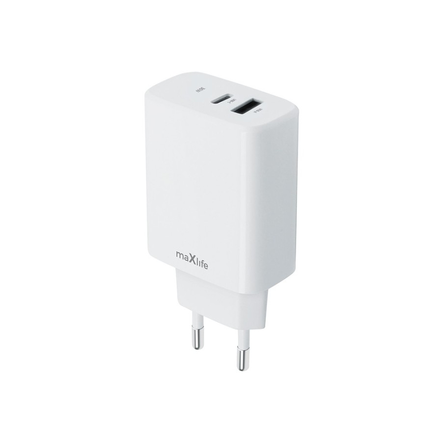 MAXLIFE MXTC-10-30AC - CHARGEUR SECTEUR POWER DELIVERY 30W & QUICK CHARGE - DOUBLE PORT USB-C & USB-A BLANC