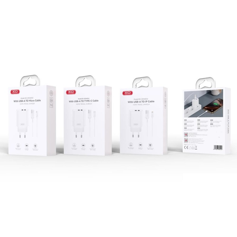 XO DESIGN CE34 - CHARGEUR SECTEUR DOUBLE PORT USB-A 2.4A / 12W + CÂBLE USB-C BLANC