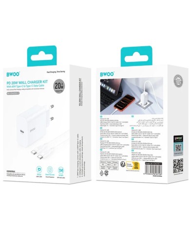 BWOO CDA233 - PACK CHARGEUR SECTEUR RAPIDE POWER DELIVERY 20W + CÂBLE DOUBLE USB-C BLANC