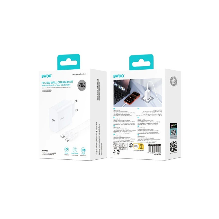 BWOO CDA233 - PACK CHARGEUR SECTEUR RAPIDE POWER DELIVERY 20W + CÂBLE DOUBLE USB-C BLANC
