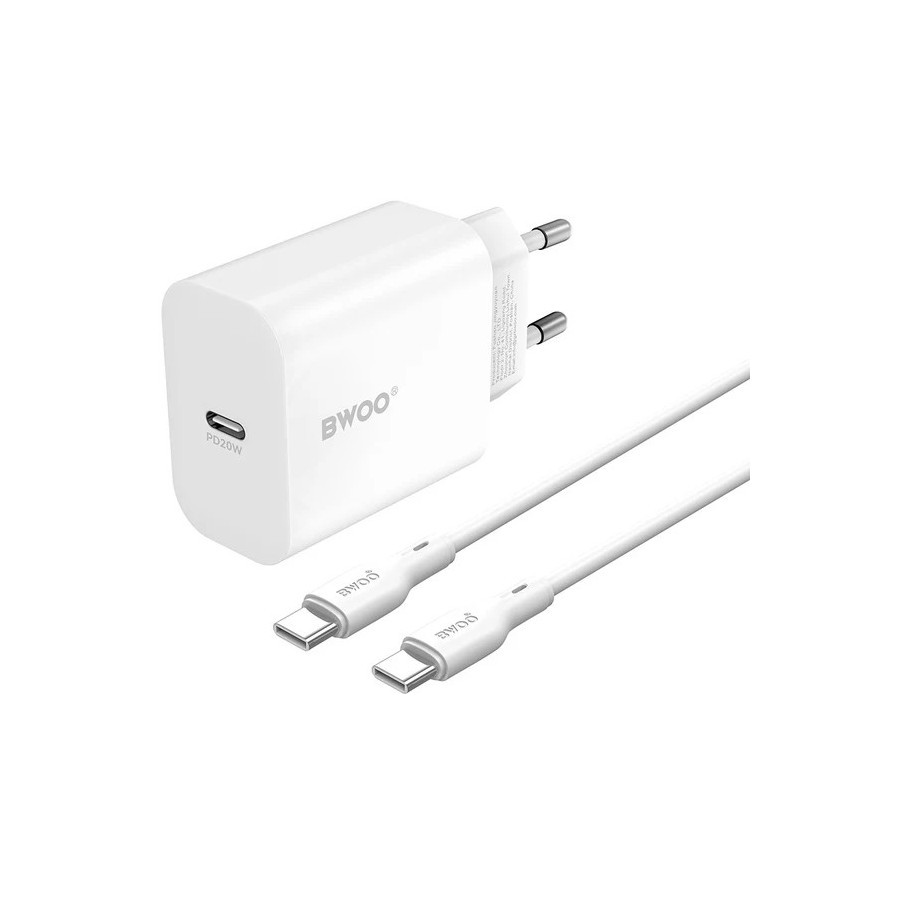 BWOO CDA233 - PACK CHARGEUR SECTEUR RAPIDE POWER DELIVERY 20W + CÂBLE DOUBLE USB-C BLANC
