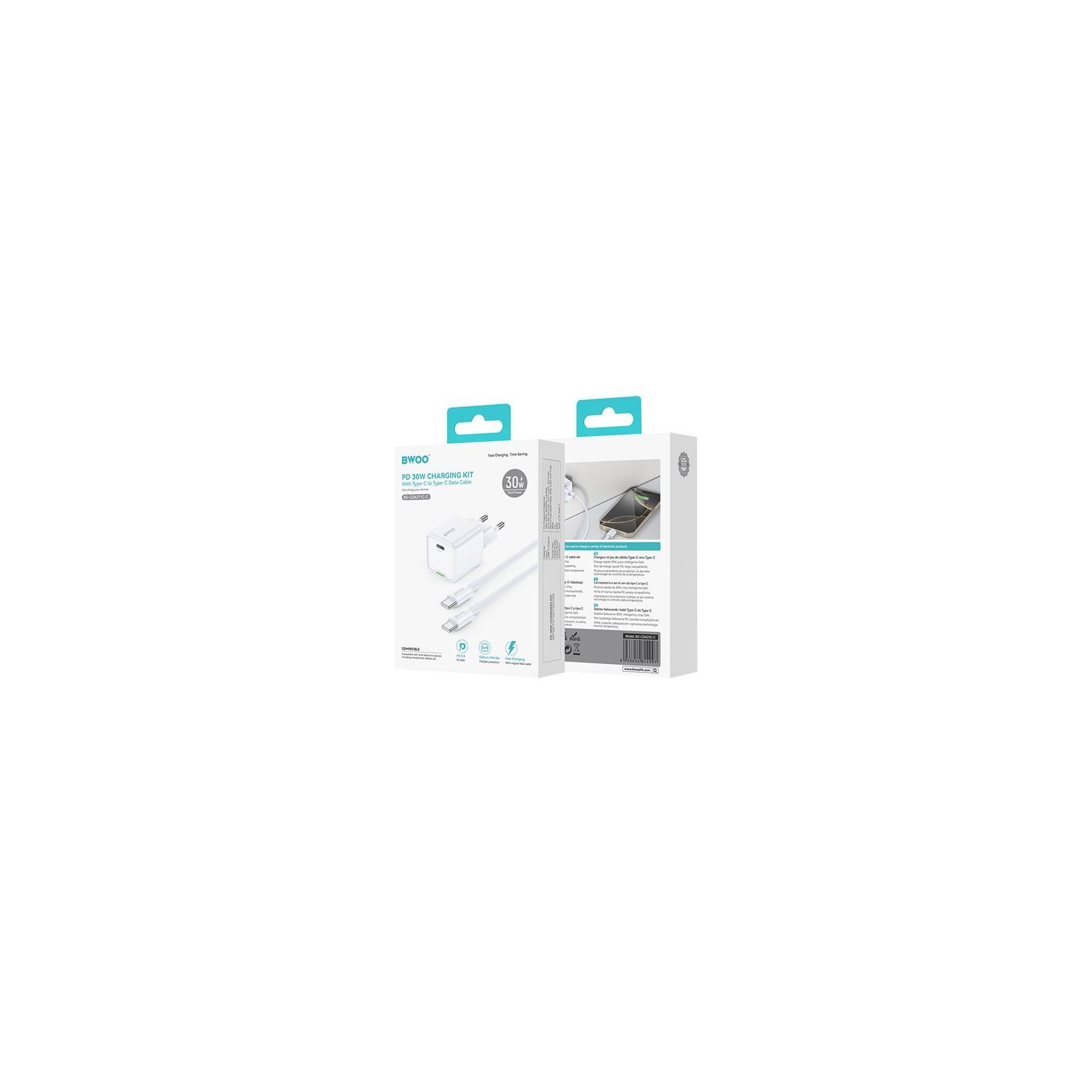 Chargeur secteur BWOO BO-CDA544C-C GaN 30W avec Câble USB-C 60W - BLANC