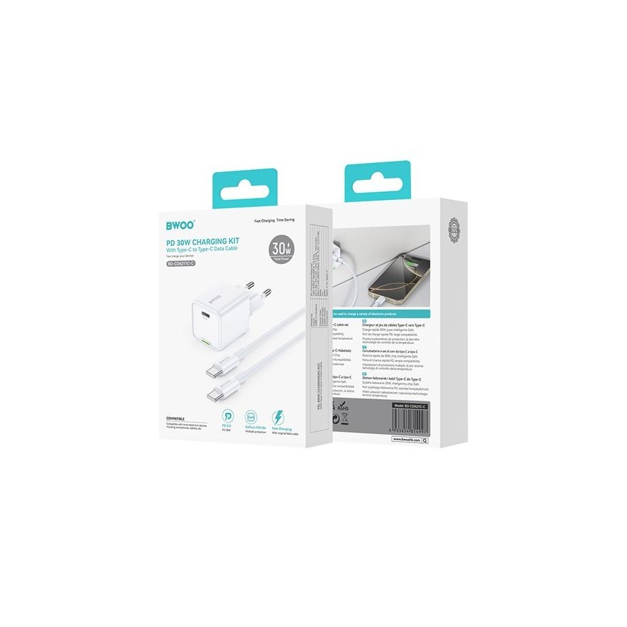 Chargeur secteur BWOO BO-CDA544C-C GaN 30W avec Câble USB-C 60W - BLANC