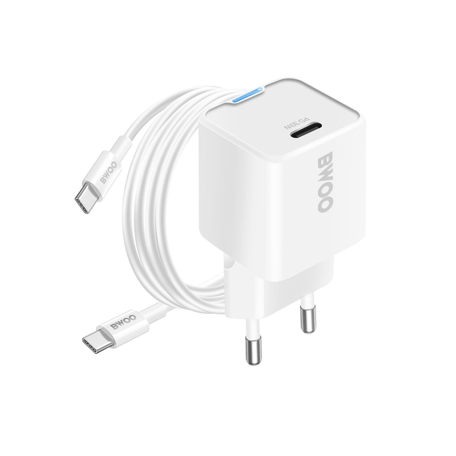 Chargeur secteur BWOO BO-CDA544C-C GaN 30W avec Câble USB-C 60W - BLANC