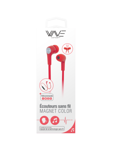 ÉCOUTEURS SANS FIL MAGNÉTIQUES BT + TÉLÉCOMMANDE + MICRO - WAVE CONCEPT - ROUGE