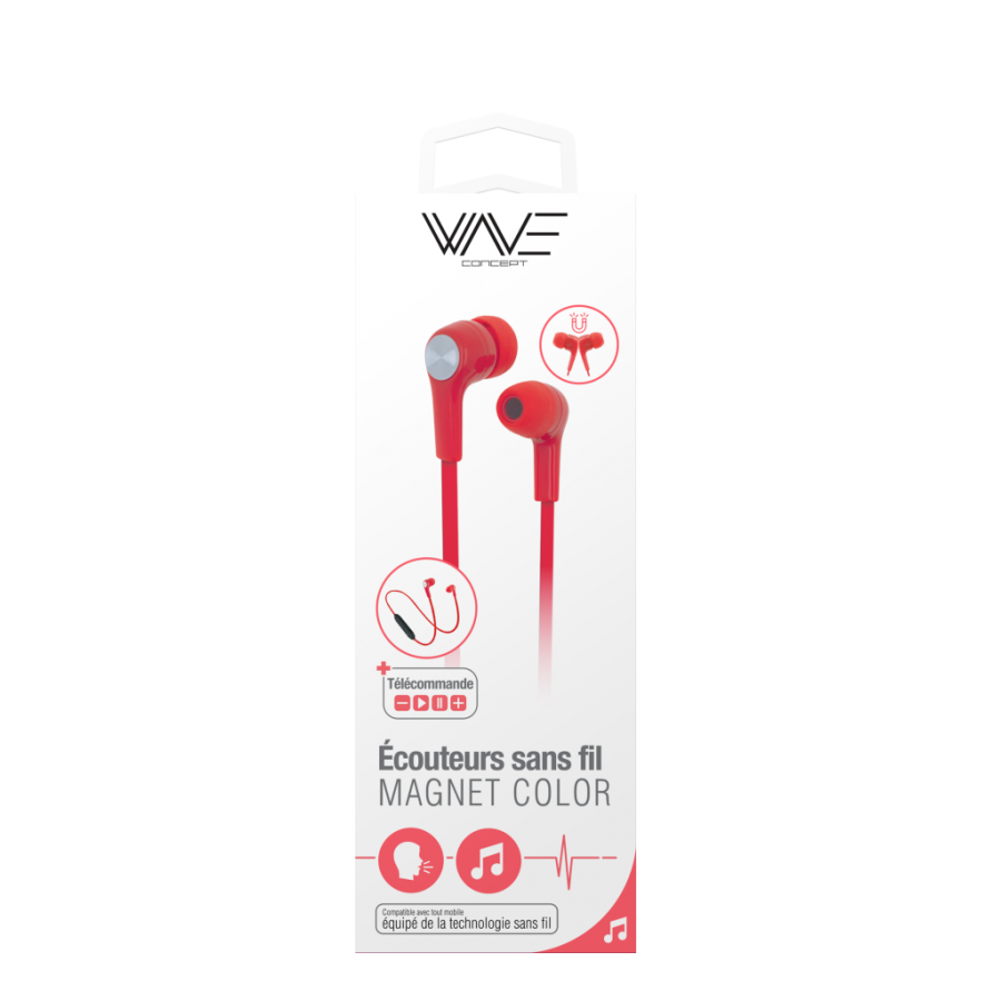 ÉCOUTEURS SANS FIL MAGNÉTIQUES BT + TÉLÉCOMMANDE + MICRO - WAVE CONCEPT - ROUGE