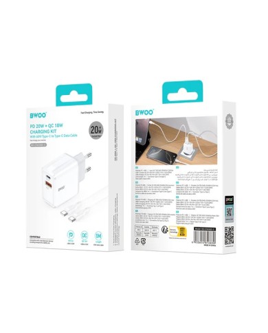 BWOO CDA182 - PACK CHARGEUR SECTEUR RAPIDE 38W & QUICK CHARGE - DOUBLE PORT USB-C & USB-A + CÂBLE USB-C BLANC