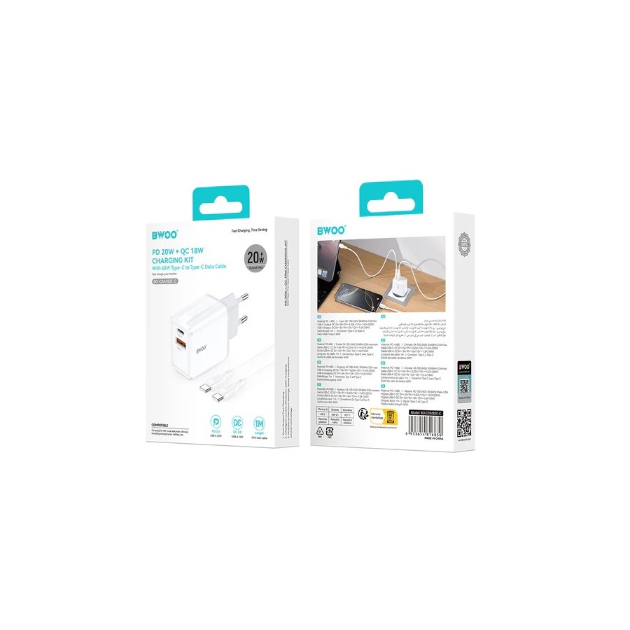 BWOO CDA182 - PACK CHARGEUR SECTEUR RAPIDE 38W & QUICK CHARGE - DOUBLE PORT USB-C & USB-A + CÂBLE USB-C BLANC