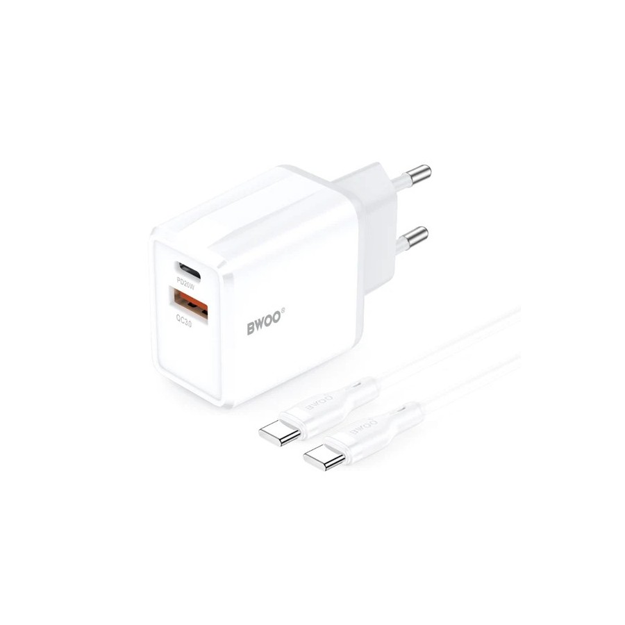 BWOO CDA182 - PACK CHARGEUR SECTEUR RAPIDE 38W & QUICK CHARGE - DOUBLE PORT USB-C & USB-A + CÂBLE USB-C BLANC