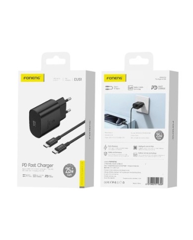 FONENG EU51 GaN - PACK CHARGEUR SECTEUR RAPIDE ULTRA-COMPACT 25W USB-C + CÂBLE USB-C VERS USB-C NOIR