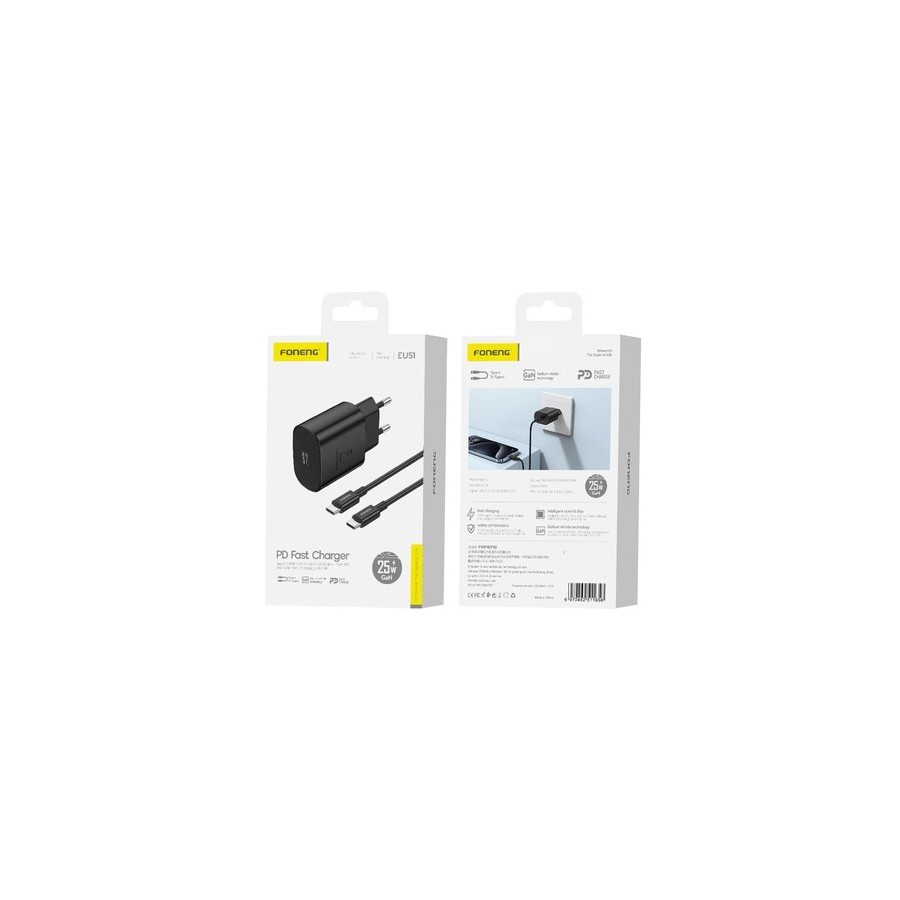 FONENG EU51 GaN - PACK CHARGEUR SECTEUR RAPIDE ULTRA-COMPACT 25W USB-C + CÂBLE USB-C VERS USB-C NOIR