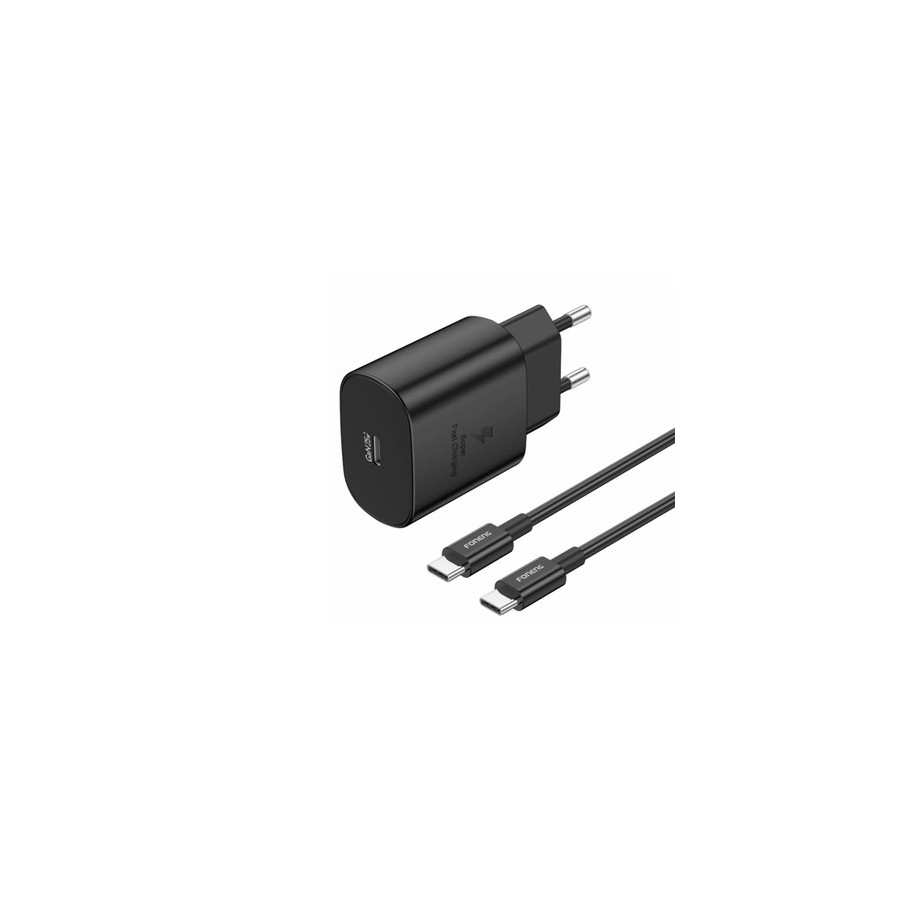 FONENG EU51 GaN - PACK CHARGEUR SECTEUR RAPIDE ULTRA-COMPACT 25W USB-C + CÂBLE USB-C VERS USB-C NOIR