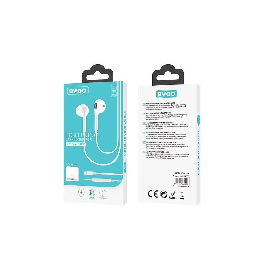 ÉCOUTEURS FILAIRES + TÉLÉCOMMANDE + MICRO - BWOO BO-HF10 - LIGHTNING - BLANC