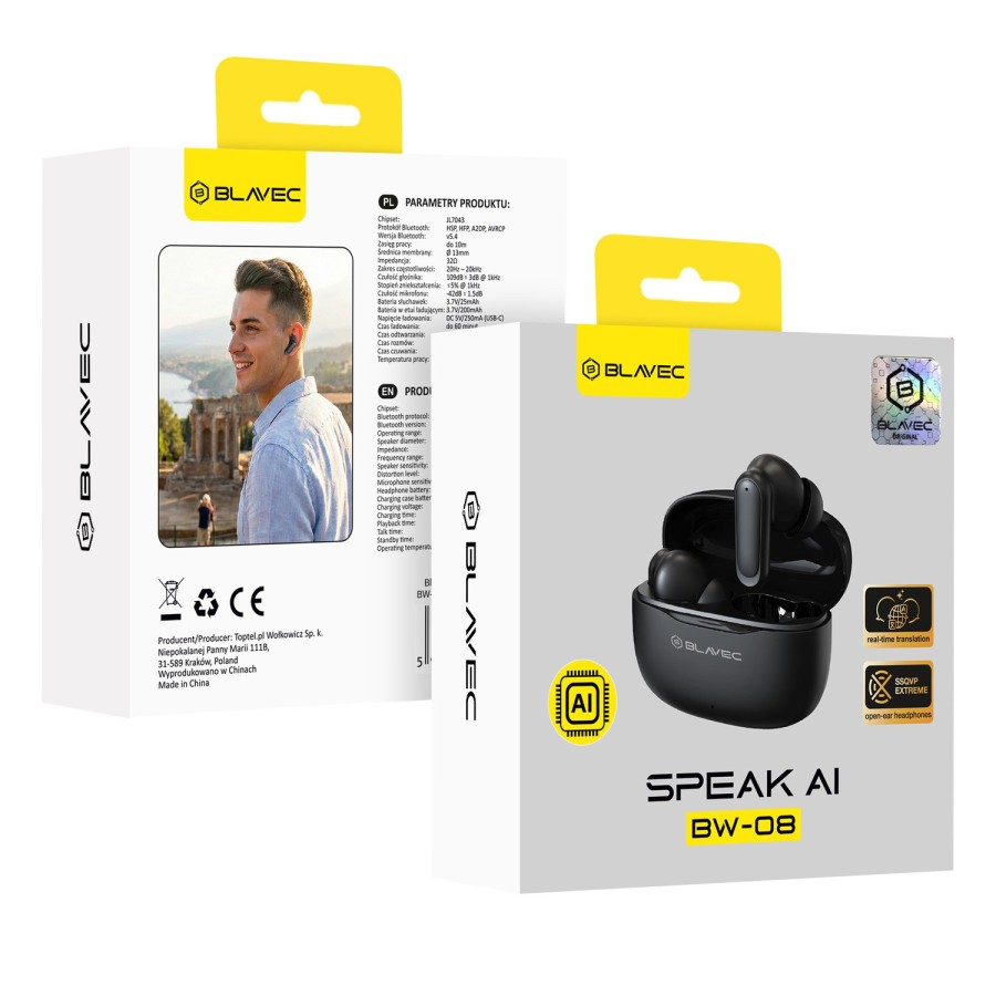 ÉCOUTEURS SANS FIL BT TWS - BLAVEC BW-08 SPEAK AI (BW08SA-B) - NOIR (AVEC TRADUCTION IA)