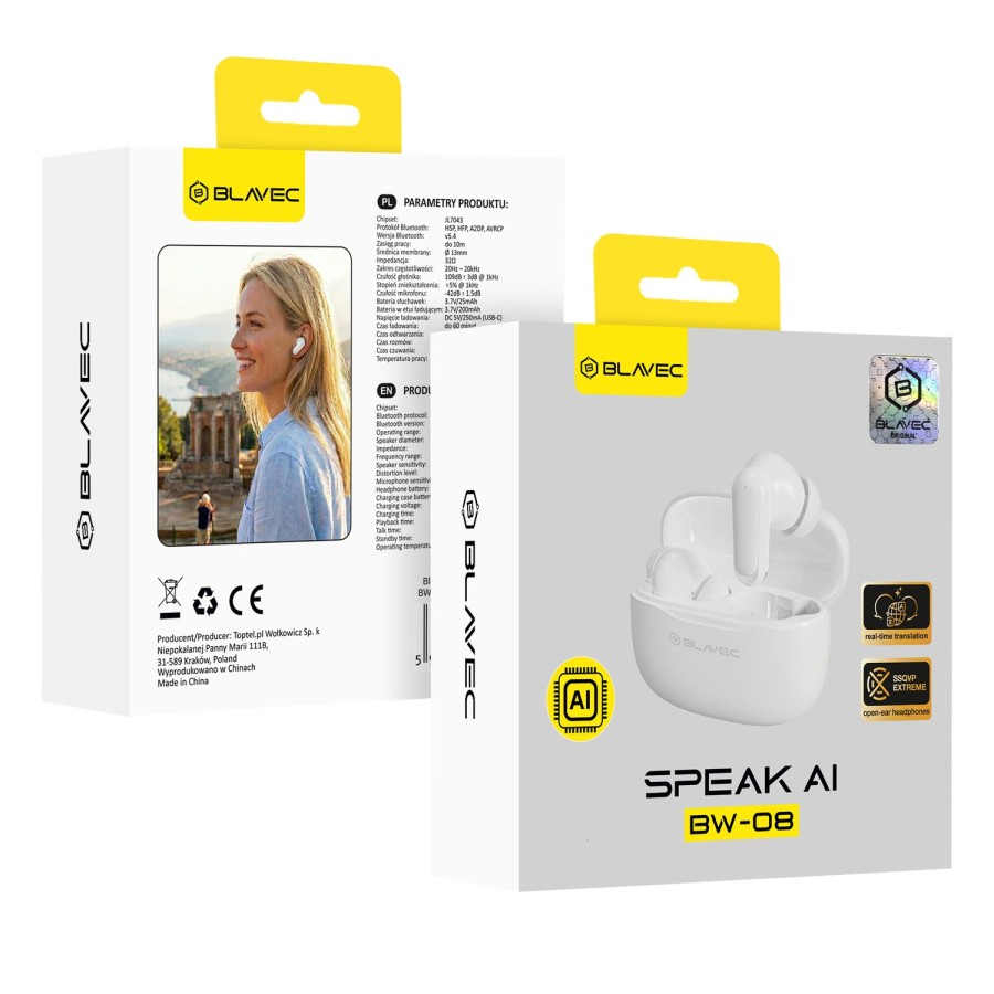 ÉCOUTEURS SANS FIL BT TWS - BLAVEC BW-08 SPEAK AI (BW08SA-B) - BLANC (AVEC TRADUCTION IA)