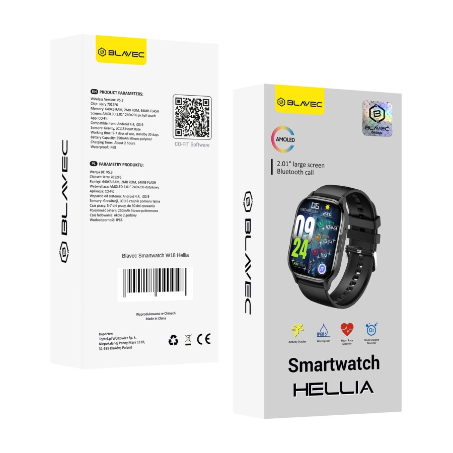 MONTRE CONNECTÉE AVEC ÉCRAN AMOLED - BLAVEC W-18 HELLIA (SWW18-B) - NOIRE