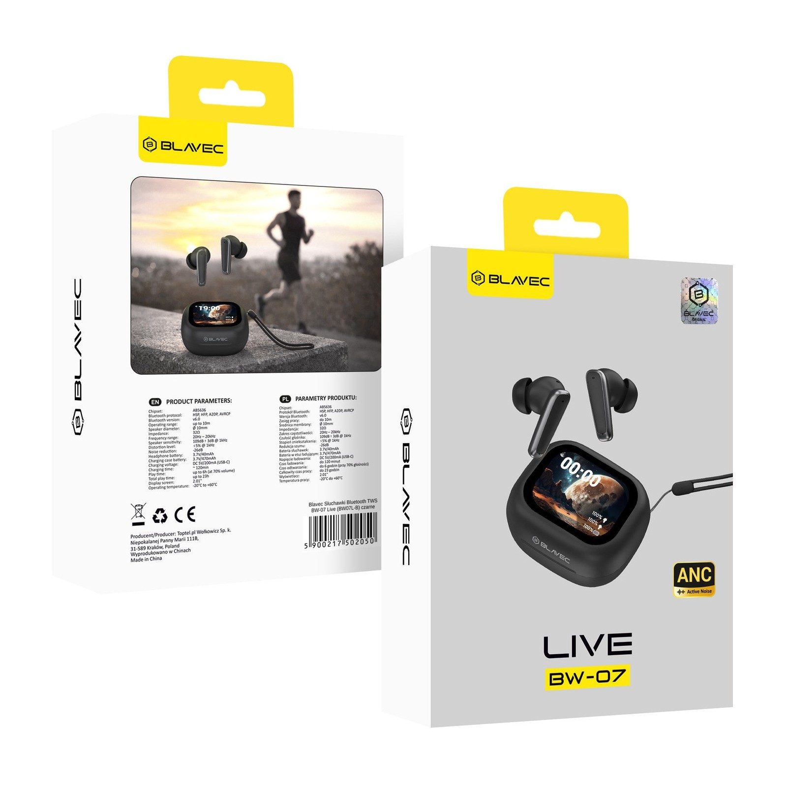 ÉCOUTEURS SANS FIL BT TWS + ÉCRAN TACTILE - BLAVEC BW-07 LIVE (BW07L-B) - NOIR