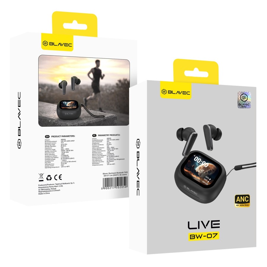 ÉCOUTEURS SANS FIL BT TWS + ÉCRAN TACTILE - BLAVEC BW-07 LIVE (BW07L-B) - NOIR