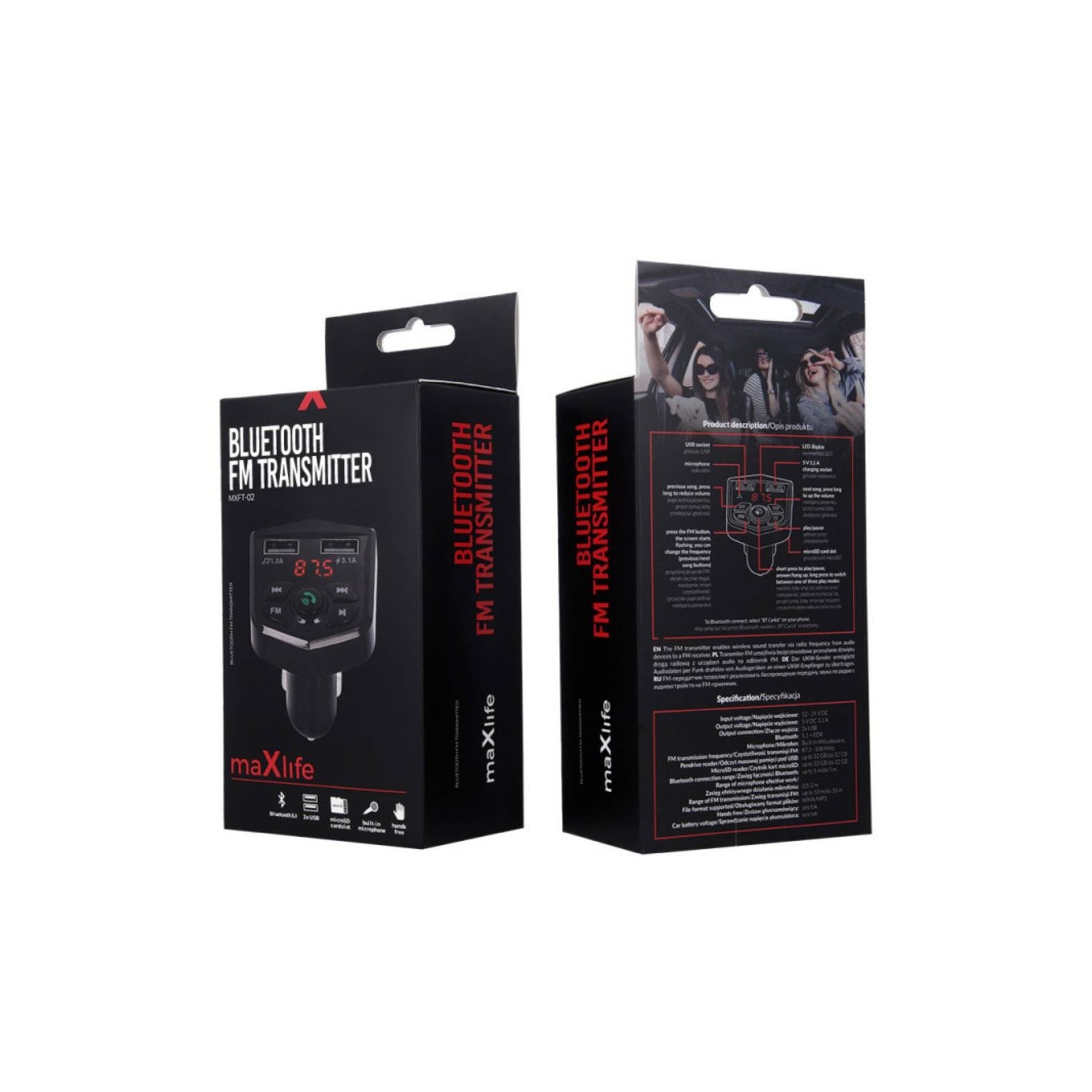 TRANSMETTEUR FM ET CHARGEUR ALLUME-CIGARE VOITURE BT - MAXLIFE MXFT-02 - NOIR