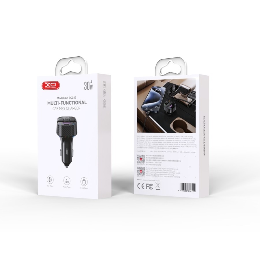 TRANSMETTEUR FM ET CHARGEUR ALLUME-CIGARE VOITURE + CÂBLE USB-C VERS C - XO-BCC17 - 30W - NOIR (USB-A + USB-C)