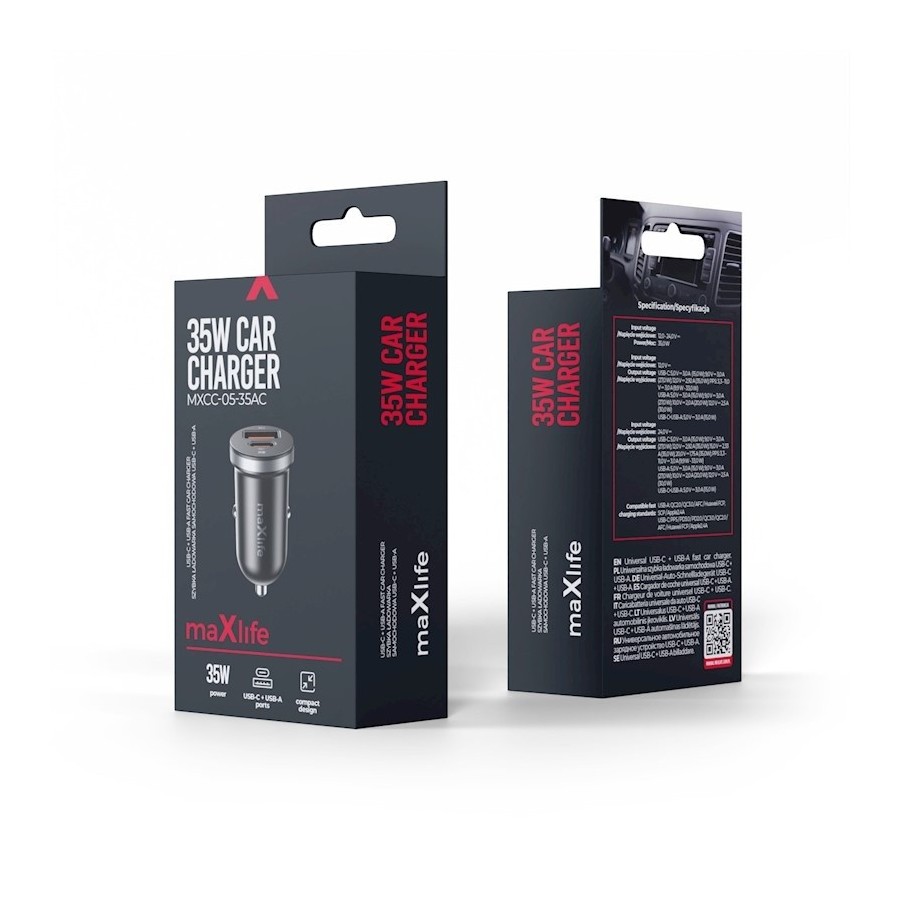 CHARGEUR ALLUME-CIGARE VOITURE - MAXLIFE MXCC-05-35AC - 35W NOIR (USB-A + USB-C)