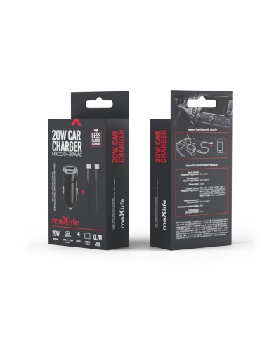 CHARGEUR ALLUME-CIGARE VOITURE + CABLE USB-C - MAXLIFE MXCC-04 - 20W NOIR