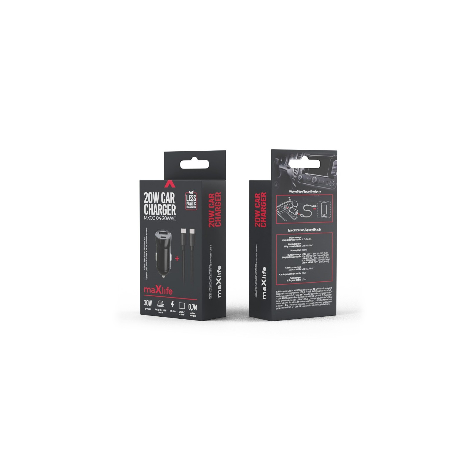 CHARGEUR ALLUME-CIGARE VOITURE + CABLE USB-C - MAXLIFE MXCC-04 - 20W NOIR