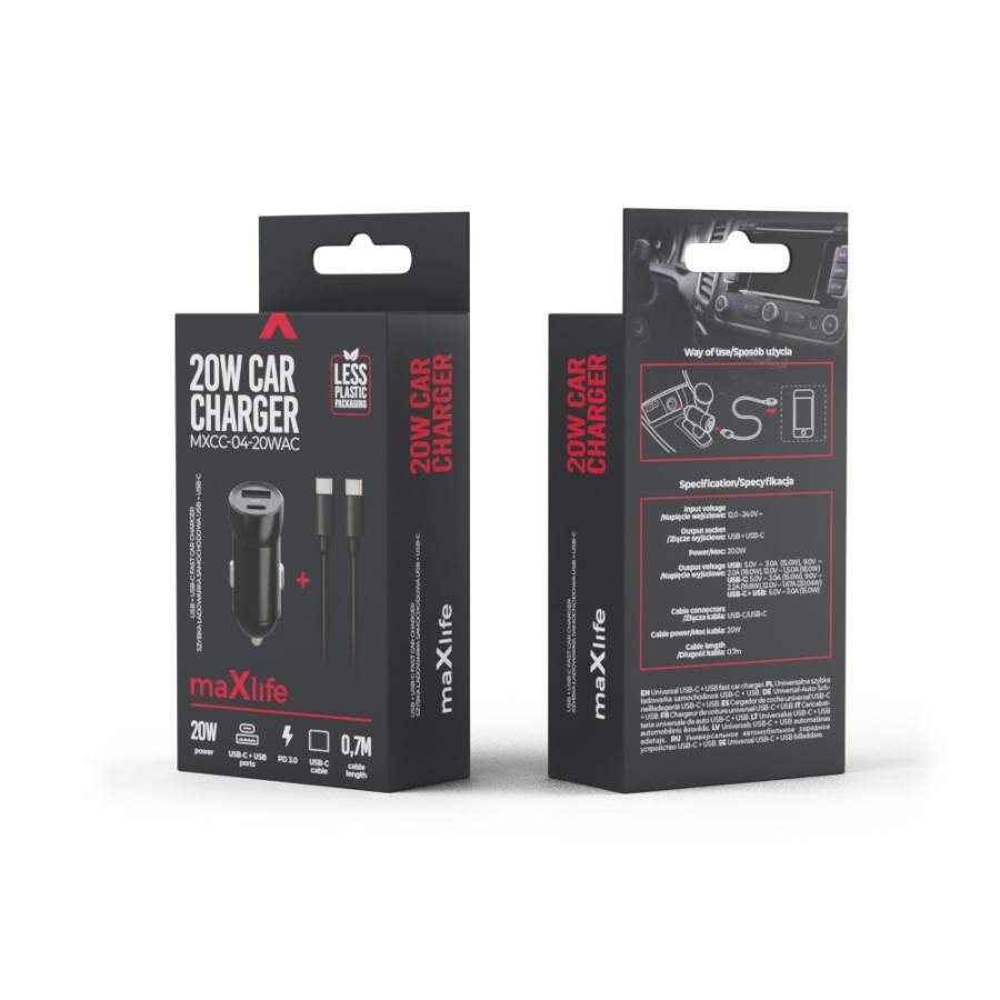 CHARGEUR ALLUME-CIGARE VOITURE + CABLE USB-C - MAXLIFE MXCC-04 - 20W NOIR