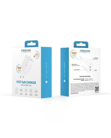 CHARGEUR SECTEUR GAN 45W FOREVER TC-08-45CC - DOUBLE USB-C POWER DELIVERY - BLANC