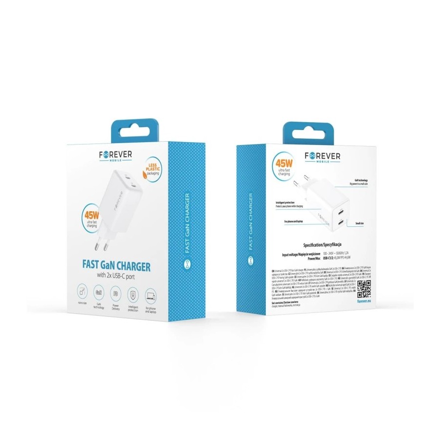 CHARGEUR SECTEUR GAN 45W FOREVER TC-08-45CC - DOUBLE USB-C POWER DELIVERY - BLANC