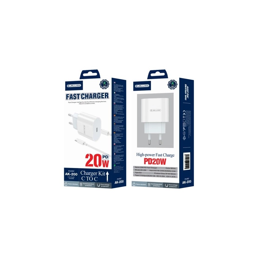 JELLICO AK-200 - CHARGEUR SECTEUR RAPIDE UNIVERSEL ULTRA-COMPACT USB-C PD 20W - BLANC