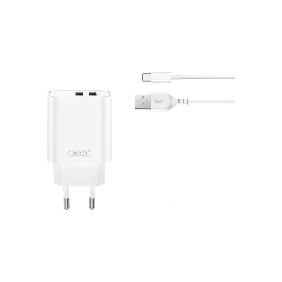 XO DESIGN CE34 - CHARGEUR SECTEUR DOUBLE PORT USB-A 2.4A / 12W + CÂBLE USB-C BLANC