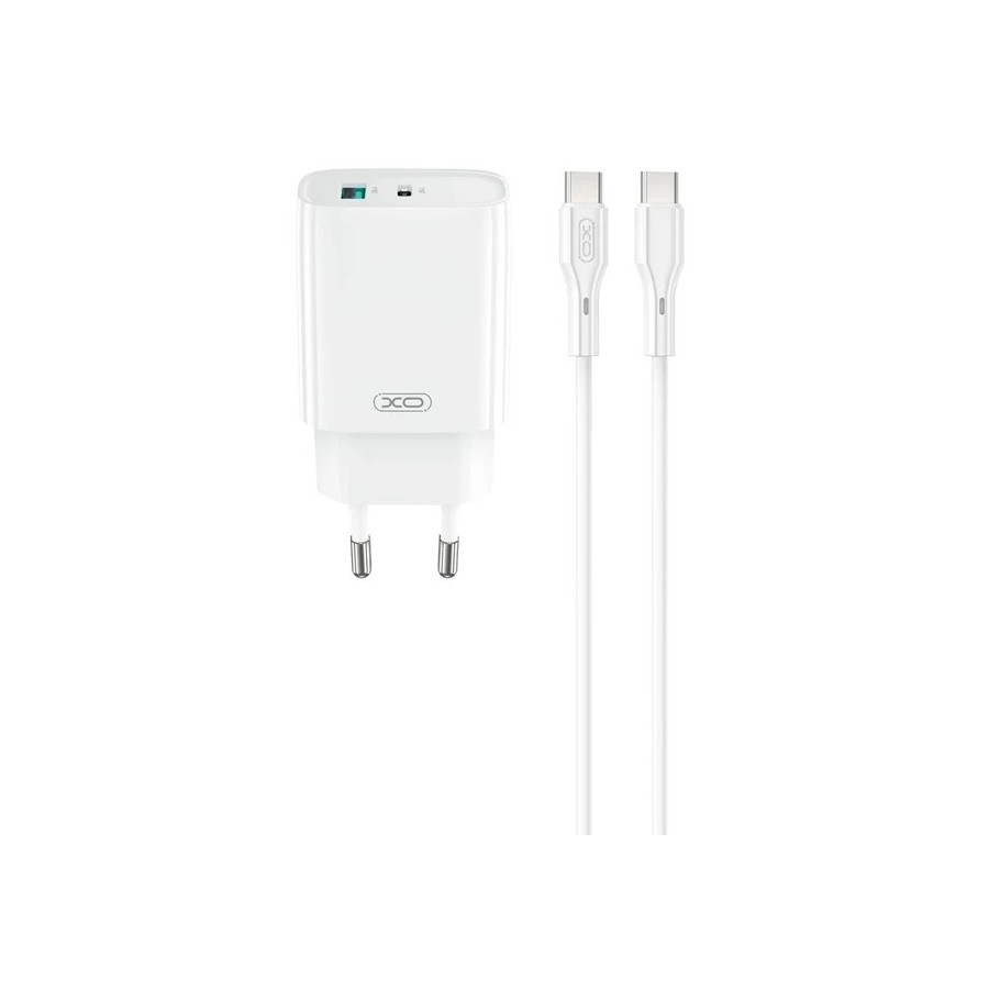 XO DESIGN - CHARGEUR SECTEUR POWER DELIVERY 30W & QUICK CHARGE - DOUBLE PORT USB-C & USB-A + CÂBLE DOUBLE USB-C BLANC