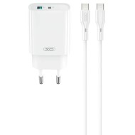 XO DESIGN - CHARGEUR SECTEUR POWER DELIVERY 30W & QUICK CHARGE - DOUBLE PORT USB-C & USB-A + CÂBLE DOUBLE USB-C BLANC
