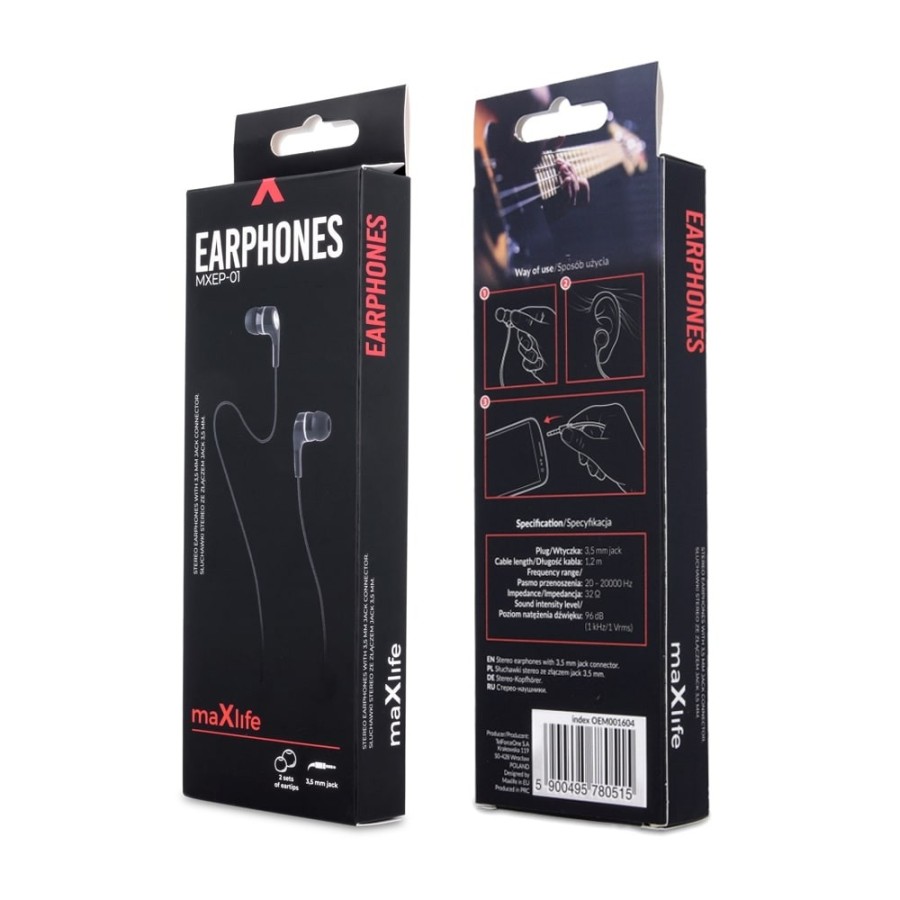 ÉCOUTEURS FILAIRES + TÉLÉCOMMANDE + MICRO - MAXLIFE MXEP-01 - JACK 3.5MM - NOIR